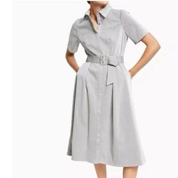 Alfani Dresses & Skirts - Alfani Belted Dress Faux Leather Womens Size 4 Gray Short Sleeve